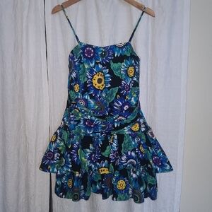 ISADORA Floral Fitted Bodice Structured Hem Dress Blue Green Size 13/14